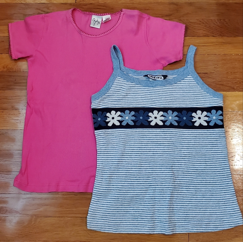 Girls Pink Shortsleeve Top & Blue Striped Tank Top